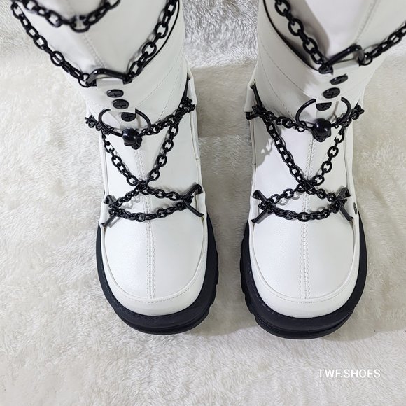 Bratty White Vegan Leather Block Heel Biker Style Goth  Punk Boots - Picture 6 of 10